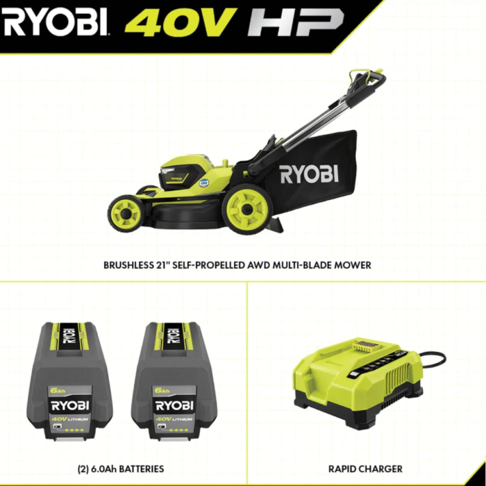 RYOBI 40V HP Brushless Whisper Series 21″ Walk Behind Self-Propelled All Wheel Drive Lawn Mower