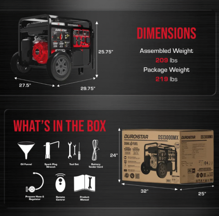 DUROSTAR 13000 WATT PUSH BUTTON START DUAL FUEL PORTABLE GENERATOR