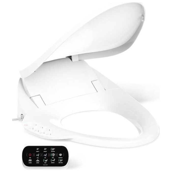 Kohler PureWash E750 Elongated Bidet Seat with Touchscreen Remote Control with Two Programmable User Presets, Continuously Heated Water, Front and Rear Wash Modes, Adjustable Water Temperature and Pressure, Automatically UV Light Self-Cleaning Stainless Steel Wand, Heated Seat, Warm-air Drying System, Carbon Filter, and LED Nightlight Technology White