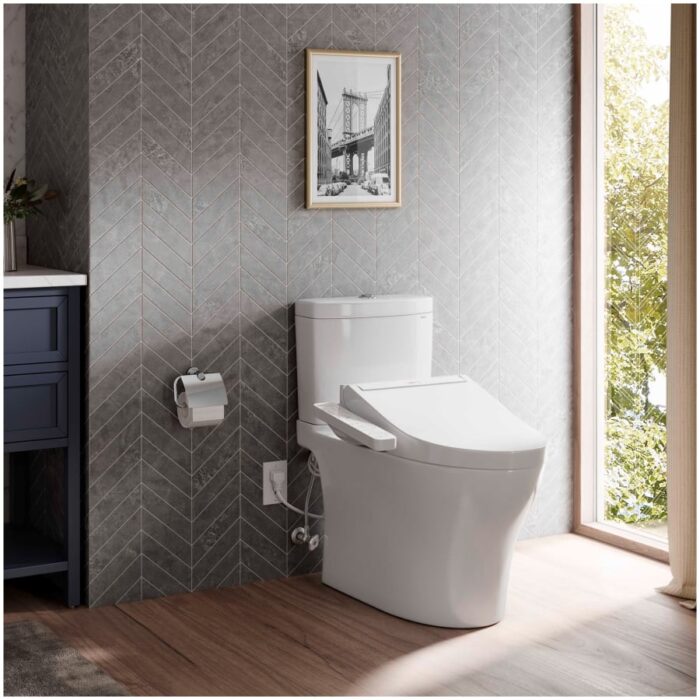 TOTO Aquia IV 0.9 / 1.28 GPF Dual Flush Two Piece Elongated Chair Height Toilet with Push Button Flush - Bidet Seat Included Cotton