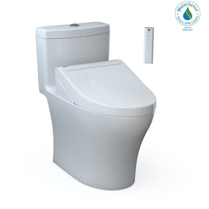 TOTO Aquia IV 0.9 / 1.28 GPF Dual Flush One Piece Elongated Chair Height Toilet with Push Button Flush - Bidet Seat Included Cotton