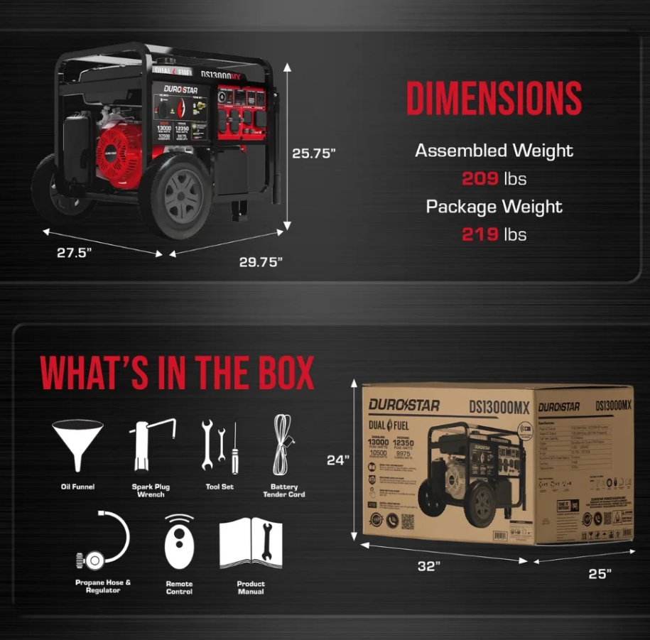 DUROSTAR 13000 WATT PUSH BUTTON START DUAL FUEL PORTABLE GENERATOR