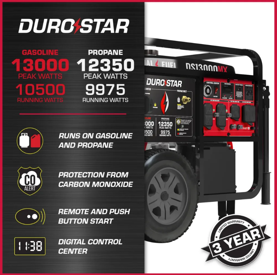 DUROSTAR 13000 WATT PUSH BUTTON START DUAL FUEL PORTABLE GENERATOR